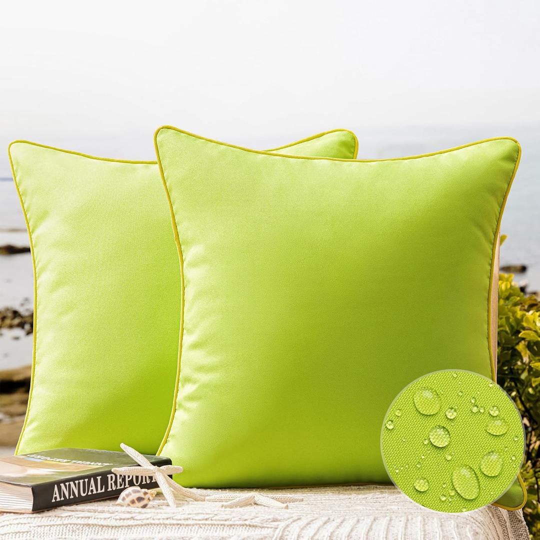 Phantoscope Pack of 2 Outdoor Waterproof Throw Pillow Covers with Contrast Piping, Decorative Square Cushion Case Patio Pillows for Couch Tent Sunbrella, Lime Green 20x20 inches