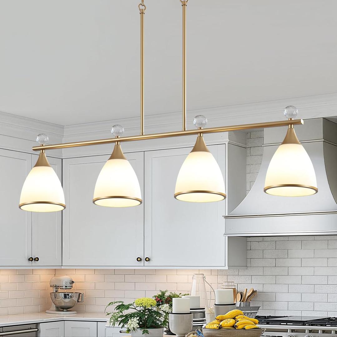 4-Light Island Lights for Kitchen, Gold Modern Farmhouse Pendant Lighting with Conical Milky Glass & Crystal Balls, Adjustable Linear Hanging Chandelier for Dining Room Over Table