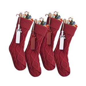 Mr. Pen- Personalized Christmas Stockings with Wooden Name Tags, Set of 4, 18" Red Cable Knit Stockings for Christmas