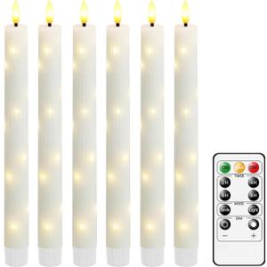 Real Wax Flameless Taper Candles with Remote Timer,6 Pcs Taper Battery Operated Candle,9.6 Inches LED Candles with Embedded Star String for Home Decor Holiday Party,White (Vertical grain-White)