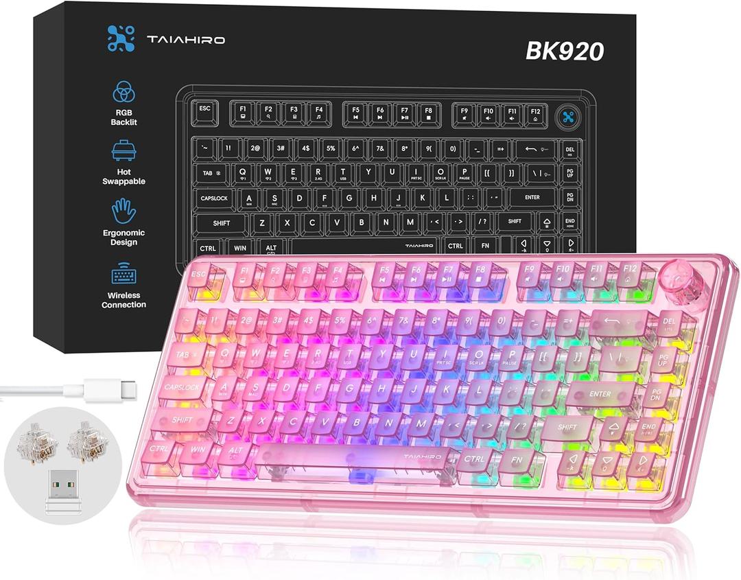 Transparent Mechanical Keyboard, RGB Backlit Wireless Creamy Gaming Keyboards, Hot Swap Customizable Clear Acrylic Design, 80-Key Quiet Linear Switches, 3 Modes BT5.0/2.4G/USB-C 4000mAh Battery, Pink