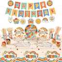 Ctosree 173 Pcs Groovy Party Supplies Include Hippie Boho Tablecloth Groovy Birthday Banner Daisy Hippie Paper Plates Cups Napkins Tableware Set for Retro Boho Birthday Party Decorations
