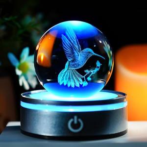 YU FENG 3D Hummingbird Decor Crystal Ball Night Light Hummingbird Gifts for Women Mom Glass Animals Figurines for Home Bedroom, Birthday, Christmas, Animal Lovers(60mm, Colorful LED Base)