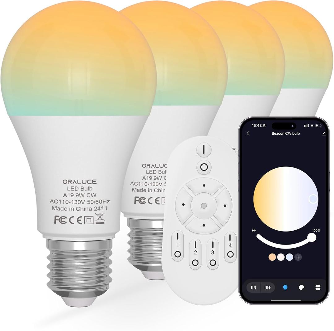 ORALUCE LED Remote Control Light Bulbs 60 Watt Equivalent, Dimmable 2700-6500K Lightbulbs E26 Base, A19 Bluetooth Smart Light Bulb for Lamp, Bedroom, 4 Pack with Remote Control