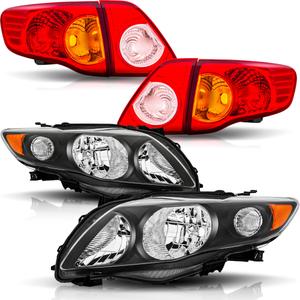 Headlights and Tail Lights Assembly Combo Kits for 2009 2010 Toyota Corolla Head/OE Factory Style Red Outer and Inner Taillights Rear Brake Signal Lamps Replacement,Black Housing Amber Reflector