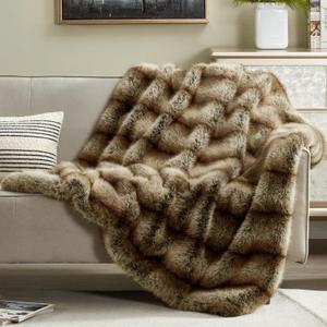 JONIYEAR High-end Luxury Thick Fuzzy Faux Lion Fur Throw Blanket 50" x 60", Decorative Soft Cozy Accent Animal Skin Fluffy Lap Blanket for Couch, Warm Stripe Wolf Furry Blankets for Winter, Golden Brown