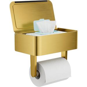 Toilet Paper Holder with Shelf, Wipes Holder for Bathroom, Flushable Wipes Dispenser, Stainless Steel Toilet Paper Roll Holder with Storage for Wet Wipes Wall Mounted (Gold, Regular Roll)