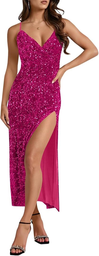 Wenrine Womens Sparkly Sequin Dress Spaghetti Strap V Neck Sexy High Slit Formal Club Party Evening Maxi Dresses (Large, Rose Red)