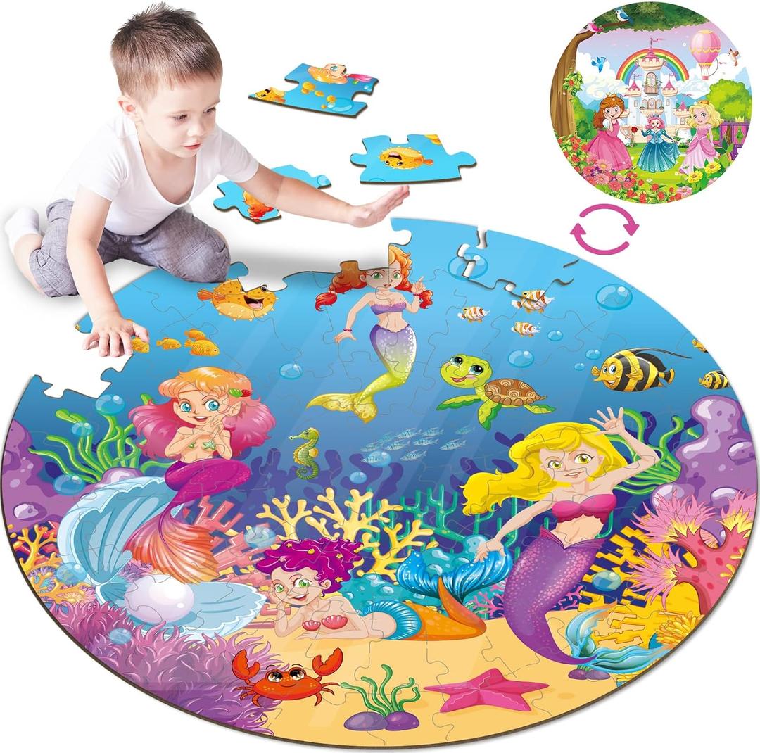 71Pcs Floor Puzzles for Kids Ages 3-5 Jigsaw Puzzles for Girls Princess Mermaid Double Sided Puzzle for Kids Castle Princess Xmas Party Supplies Mermaid Toys Educational Toys