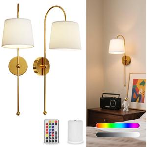 Battery Operated Wall Sconce Set of 2, Rechargeable Wireless Wall Decor Sconces, Two Battery Powered Wall Lights, Dimmable Magnetic RGB Bulbs & Remote, Lamp for Living Room Bedroom - Gold