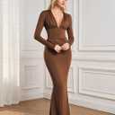 Long Sleeve Maxi Dress Deep V Neck Ruched Bodycon Elegant Semi Formal Wedding Guest Dresses for Women 2025 (Brown)