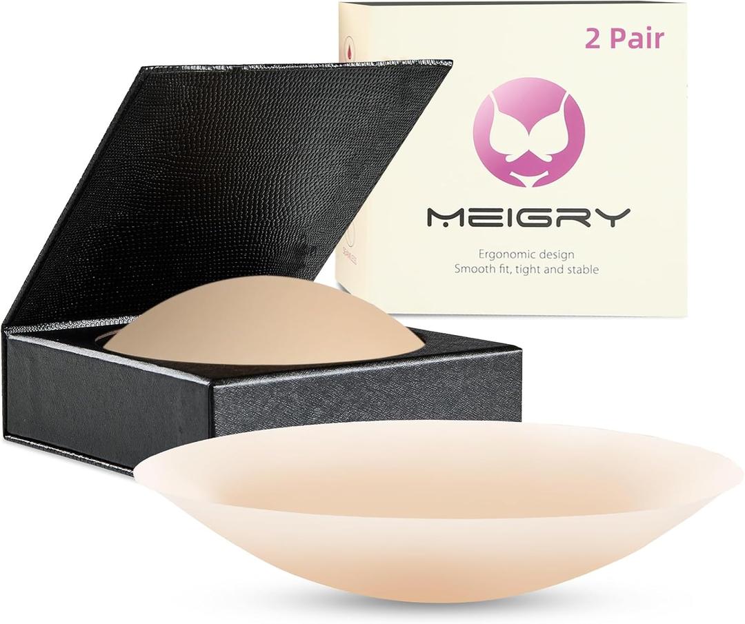 Meigry Pasties Nipple Covers for Women 2 Pairs, Reusable Ultra-Thin Sticky Silicone Bra, with Travel Box (3.15in (Fits A-C Cups), Creme)