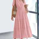 BTFBM Womens Summer 2026 Casual Midi Maxi Dresses Lightweight Short Sleeve V Neck Elastic Waist Boho Beach Dress Pockets (Pink). M Size