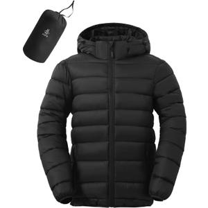 ASPO Men's Packable Puffer Jackets Winter Lightweight Detachable Hood Water-Resistant Down Coats Warm Insulated Hiking Travel (X-Large, Black)