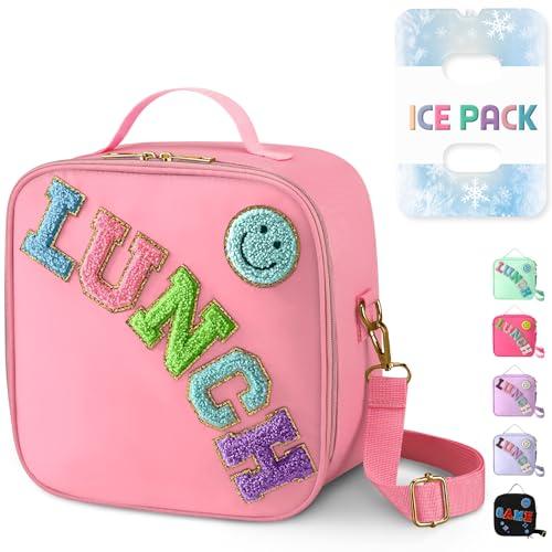 Reusable Insulated Lunch Bag for Kids Teens & Adults with Adjustable Shoulder Strap - Large Durable Lunch Bag Tote for School Travel Picnic Work - Leakproof Smiley Design Lunch Carrier (Pink-Smiley)