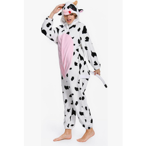OLAOLA Adult Onesie, Animal Halloween Costume, Unisex Onesies Plush Cosplay Pajamas One-Piece Sleepwear Pink Cow XXL