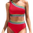 Women High Waisted Bikini Set - One Shoulder Two Piece Swimsuits Color Block Bathing Suits with Swimwear Bottom (Small, Red)