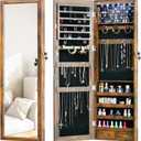 LED Jewelry Cabinet with Mirror - 47.3" Mirror Jewelry Armoire Door Hanging/Wall Mounted Mirror with Storage And Drawers Rustic Brown