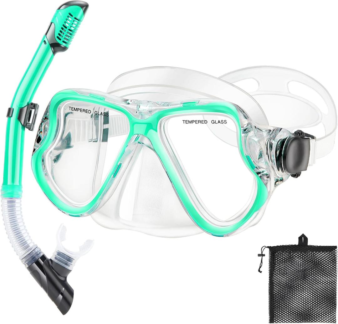 PIYAZI Snorkeling Gear for Adults Kids, Dry Snorkeling Set, Panoramic Anti-Leak and Anti-Fog Tempered Glass Lens, Adjustable Strap Snorkel Set with Mesh Bag Ear Plug for Snorkeling Scuba Diving Travel (Kids(3-14 Ages), Turquoise Blue+Transparent)
