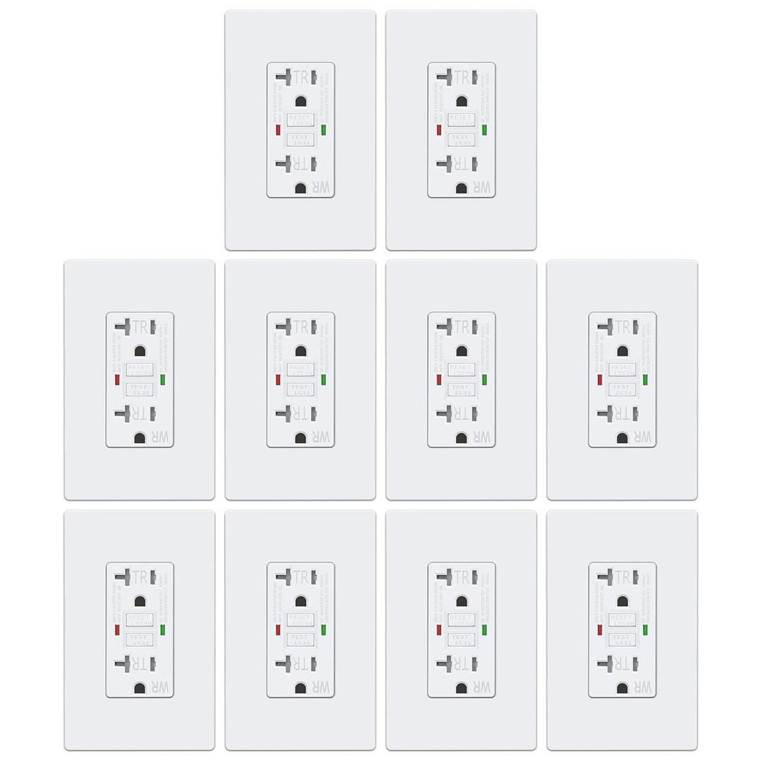 ELECTECK 10 Pack GFCI Outlets 20 Amp, Outdoor Weather Proof (WR), Self-Test GFI Receptacles with LED Indicator, Ground Fault Circuit Interrupter, Screwless Wallplate Included, UL Listed, White