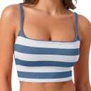 Aoysky Womens Striped Square Neck Sports Bras Spaghetti Straps Ribbed Padded Low Impact Yoga Workout Camisole Dark Blue, XS