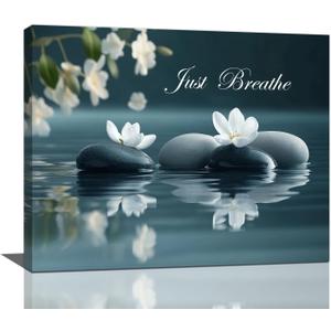Zen Bathroom Wall Art Flowers Picture Wall Decor Just Breathe Quotes Canvas Painting Spiritual Stone Pictures Home Decoration for Office Bathroom Bedroom Living Room Framed 20"x16"