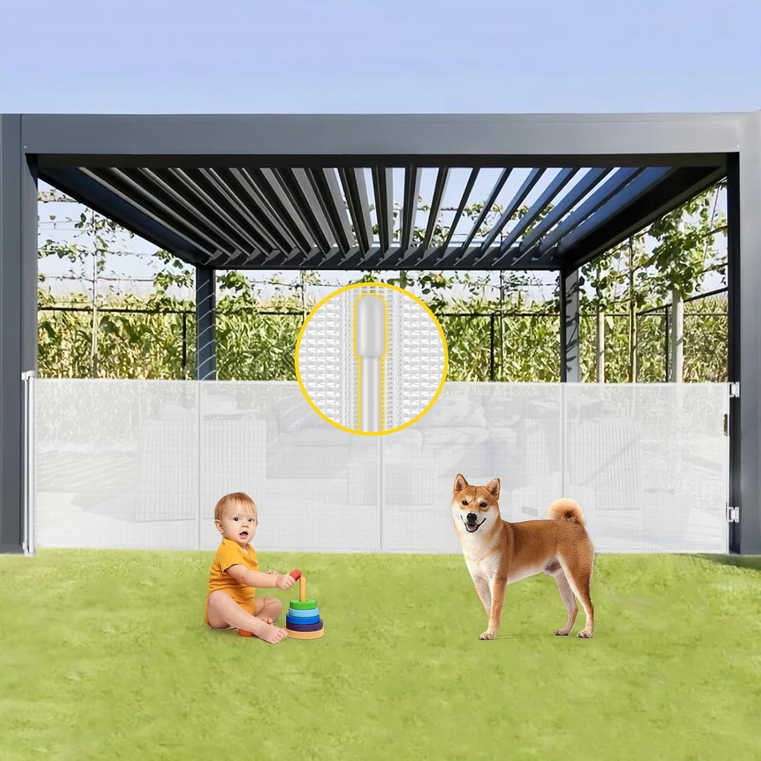 Reinforced 42 Tall x 160 Extra Wide Retractable Baby Gates with Support Rods, Extra Tall Baby Gate for Wide Openings, Pet Gates for Dogs Extra Wide Dog Gates for Doorways Indoor Outdoor, White