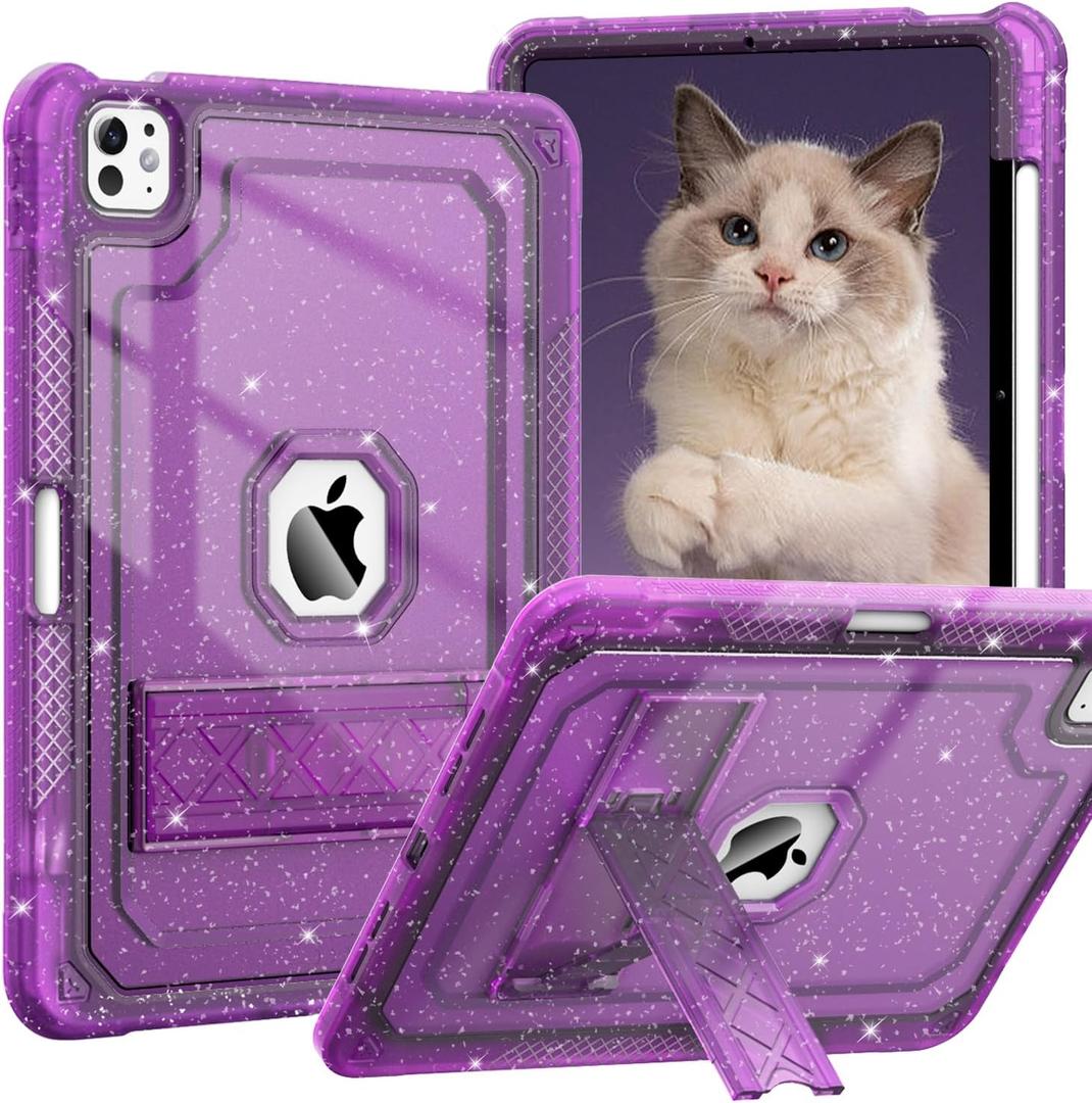 ZoneFoker Case for iPad Pro 11 Inch Case M5/M4(2025/2024) with Pencil Holder, Slim Hard Translucent Protective Cover for M5/M4 iPad Pro 11" with Kickstand, Purple Glitter