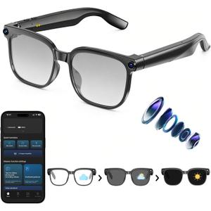 AI Smart Glasses with Camera,8MP Camera Glasses,1080P Anti-Shake Video Recording, Real Time Translation,AI Voice Assistant,Object Recognition,Bluetooth Sunglasses for Men Women(Photochromic Lenses)