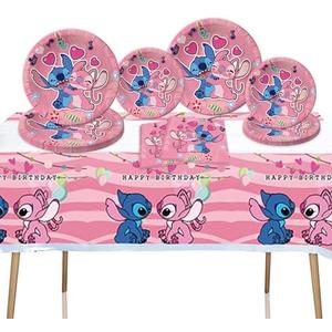 41PCS Pink Stitch Party Set – 20 Plates, 20 Napkins & 1 Tablecover. Perfect for Stitch-themed birthdays! Features cute pink Stitch prints, durable plates, and easy cleanup. Ideal for kids’ parties!