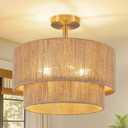 3-Light Boho Light Fixtures Ceiling Mount, 15.4" Rattan Semi Flush Ceiling Light with 2-Tier Shade, Rustic Hemp Rope Drum Light for Hallway Kitchen Entryway Farmhouse Bedroom