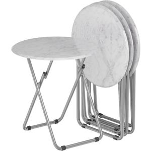 TV Trays Table Set of 4 Round Portable Folding TV Tray Table TV Dinner Tray with Sturdy MDF, No Assembly Required, 17.5 x 17.5 x 26 in (White Marble, 4Pcs)