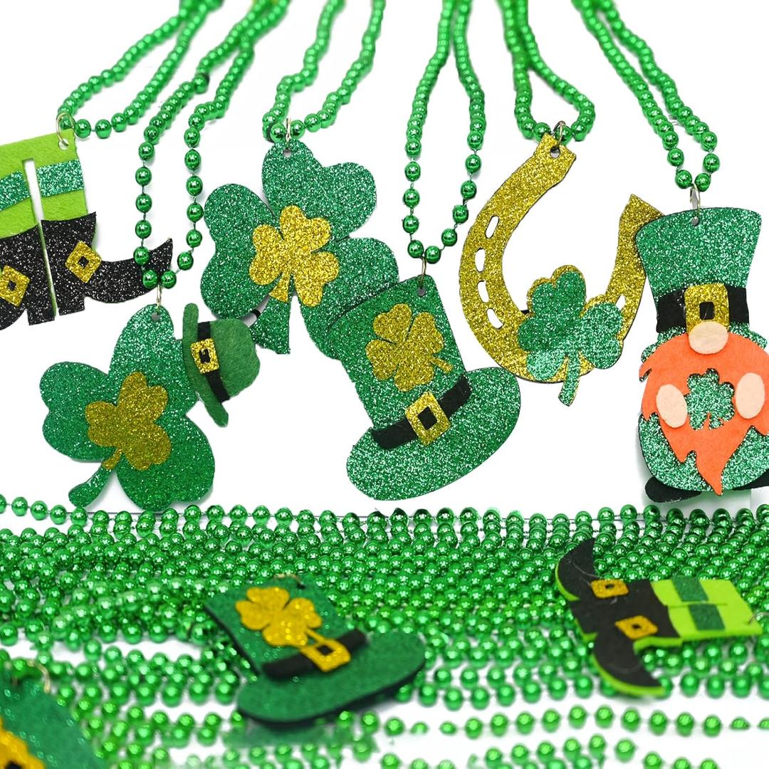 Mega-L St Patricks Day Necklaces, 18Pcs Green Gold Clover St Patricks Beads Accessories, Irish Bead Shamrock Necklaces, 6 Style Glitter Pendants for Parade Irish St Patricks Day Themed Party Favor