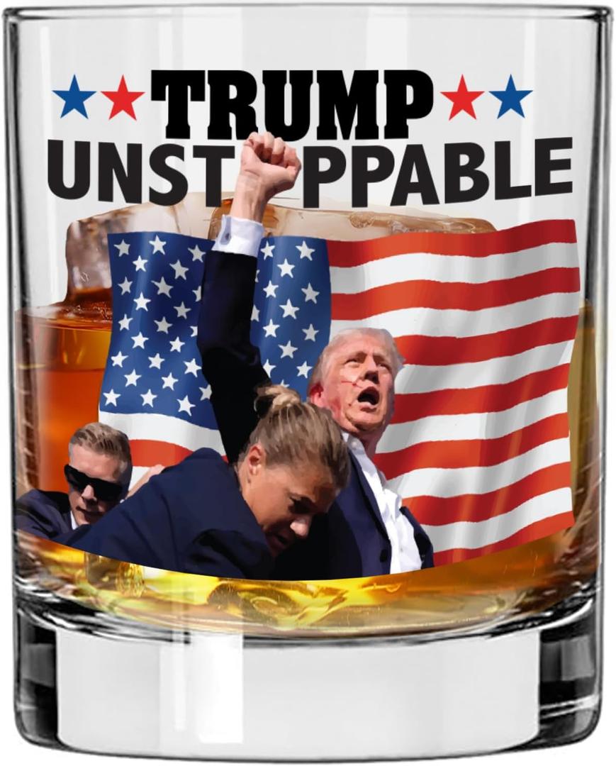 Unstoppable President Whiskey Bourbon Glass by Patriots Cave - 10.5 oz. Made in USA, Dishwasher Safe! Survived Shot Assassination Attempt, Patriotic Gift, 11 Ounces