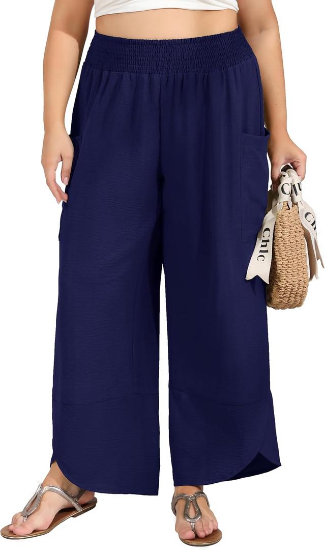 SEKINO Women's Plus Size Wide Leg Palazzo Pants High Waisted Boho Loose Casual Pant Flowy Beach Trousers with Pockets (XXL)