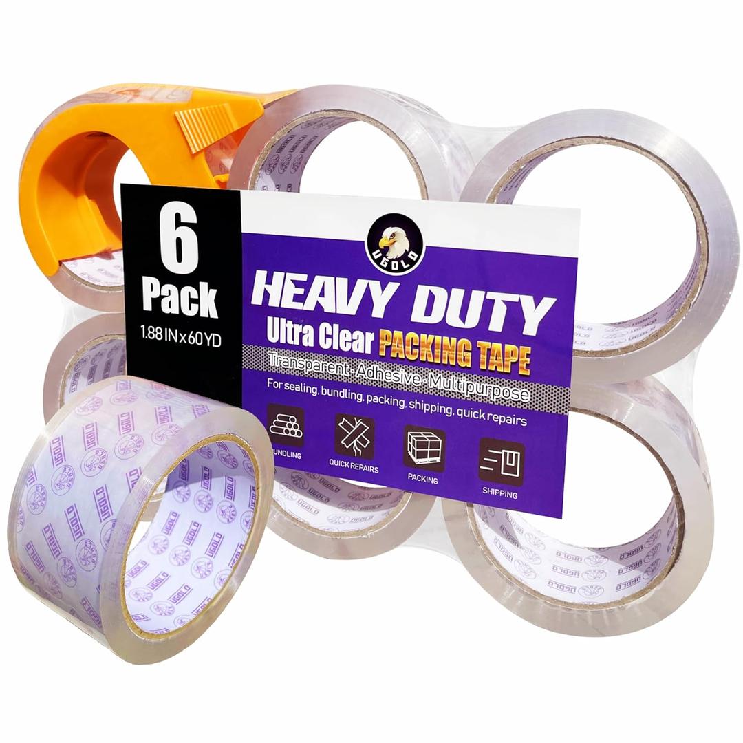 6-Pack Clear Packing Tape with Dispenser, Heavy Duty, Crystal Transparent Packaging Tape for Packing, Shipping, Sealing, Labeling, 1.88 Inches Wide x 60 Yards