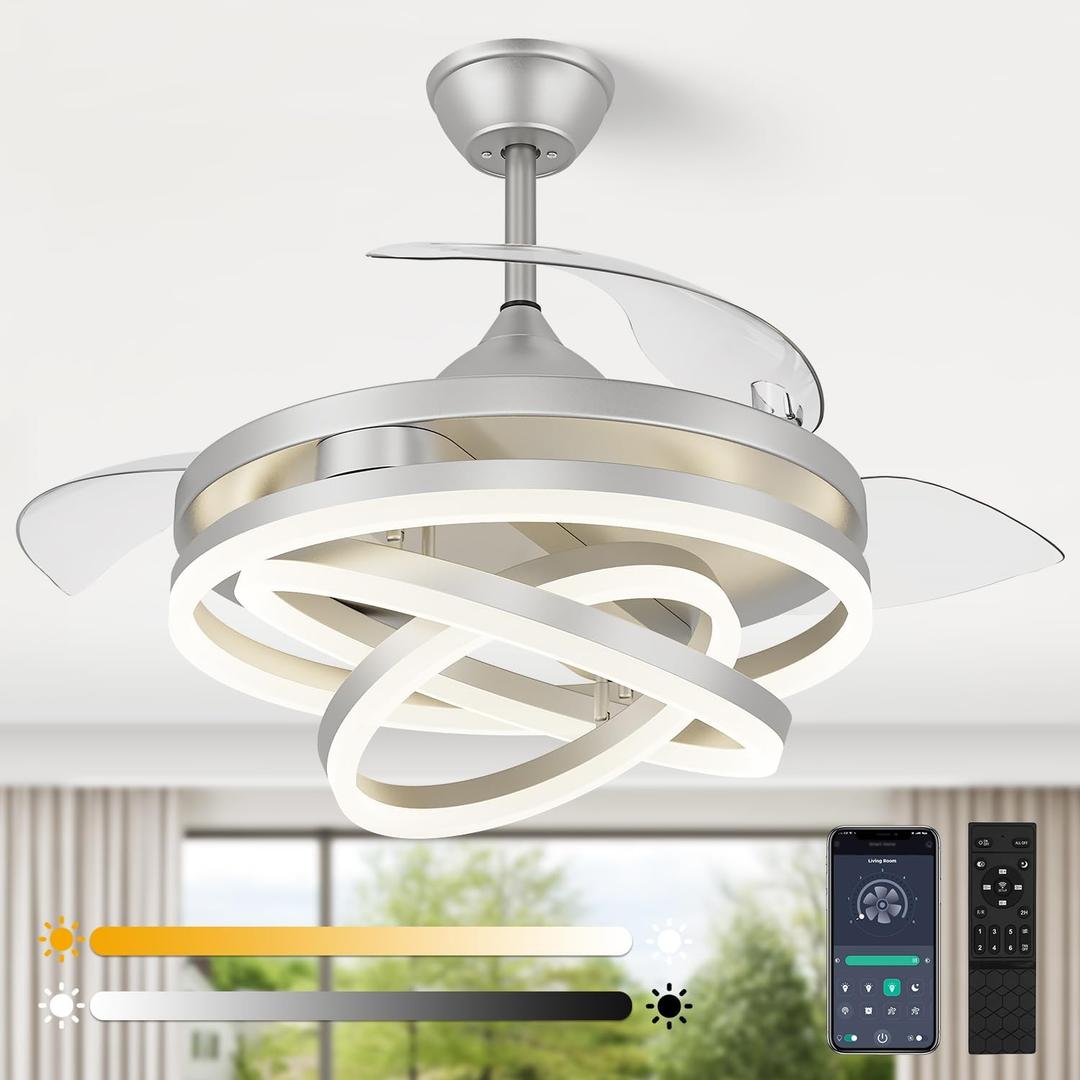 42 Inch Retractable Ceiling Fan, Chandelier Ceiling Fan with Light DC Motor, 3 Color Tempearture, 6 Wind Speed for Bedroom, Living Room and Dining Room, Silver