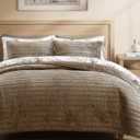 WRENSONGE Velvet Queen Quilt Set-3 Pieces Taupe Oatmeal Luxurious Velvet Striped Channel Comforter with 2 Shams, Soft Bedspread Coverlet Quilted Bedding Set for All Season