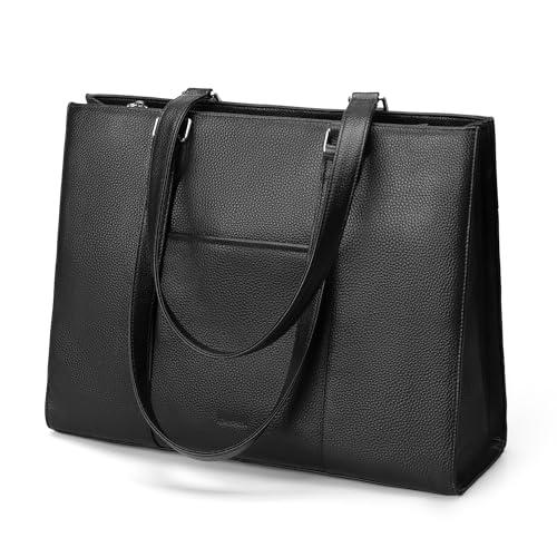 befen Black Genuine Leather Tote Bag for Women Work, Womens Totes Purse Shoulder Bags with 15.6" Padded Compartment Handbags