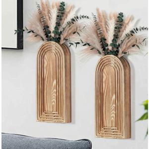 Set of 2 Wooden Wall Vases with Dried Pampas Grass & Eucalyptus, Boho Farmhouse Decor for Living Room, Entryway, Bathroom, Rustic Home Art(Brown)