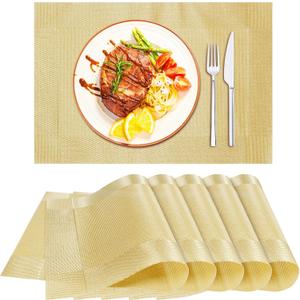Uenhoy Golden Placemats Set of 6 Heat Resistant Place Mats for Dining Table, Washable Non-Slip Vinyl Plastic Table Mats