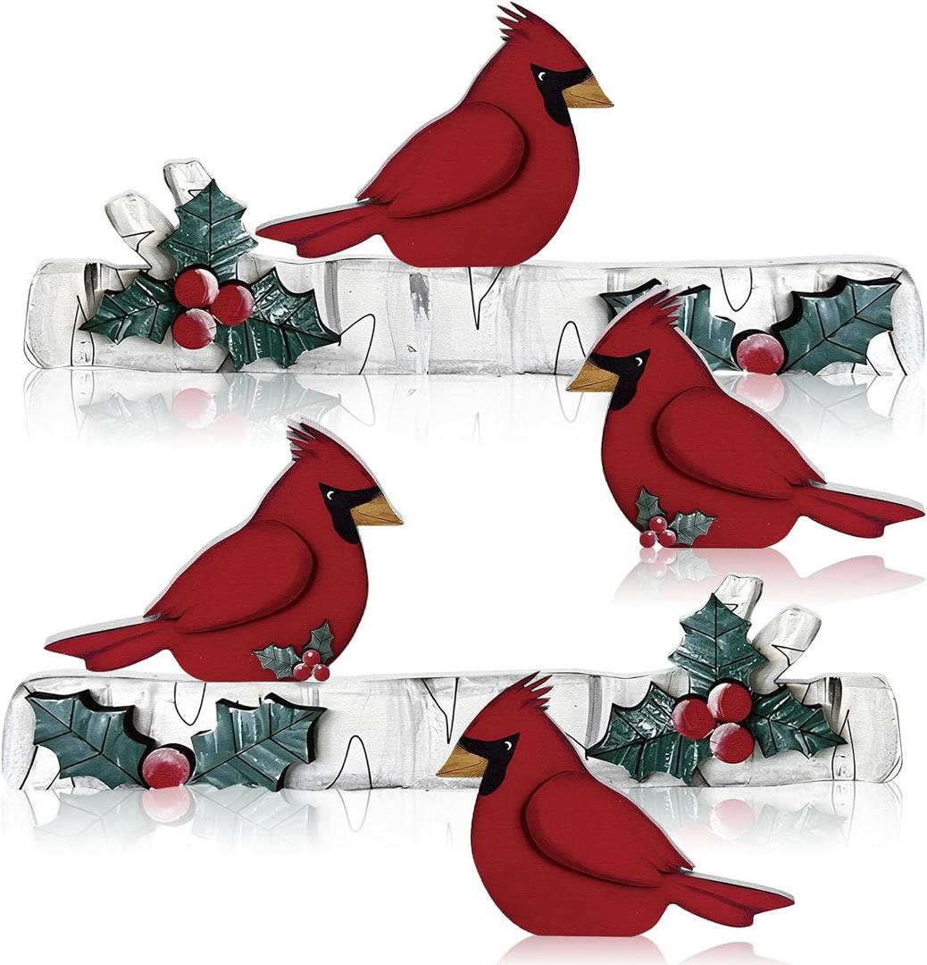 Pinkunn 6 Pcs Christmas Cardinal Tabletop Decorations Set Winter Tiered Tray Decor Cardinal Bird Red Wooden Signs Tabletop Rustic Farmhouse Decor for Home Table Shelf