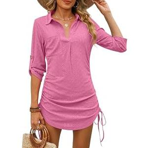 ANRABESS Womens Bathing Suit Cover Ups Swimsuit Beach Coverup Hollow Out Swimwear 2026 Summer Outfits Bikini Dress Shirt Hot Pink Small