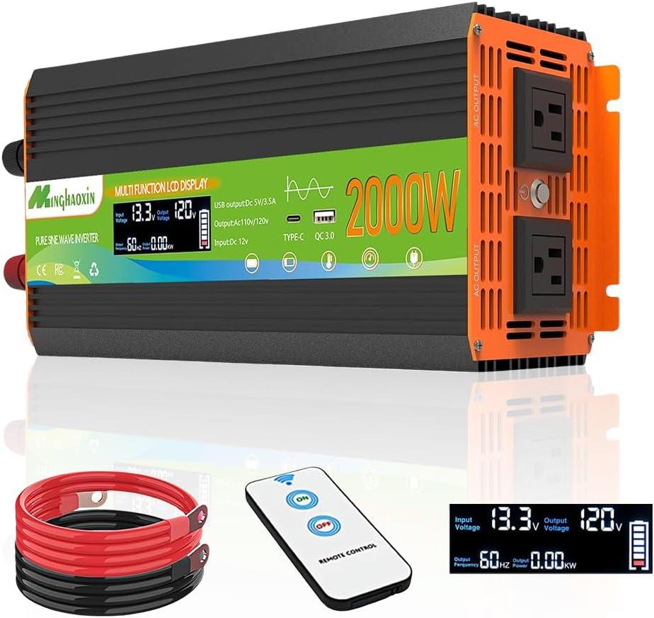 2000W Pure Sine Wave Inverter - Car Power Inverter 12V to 110V,Surge 4000W, Over 95% Efficiency, 2 AC Outlets, LCD Display, 3.0 USB&Type-C Ports, Remote Control, Converter for RV, Home, Solar, Outdoor
