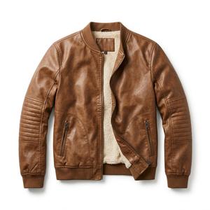 Brown faux leather bomber jacket with fleece lining, ribbed waistband and cuffs, zippered front pockets, S