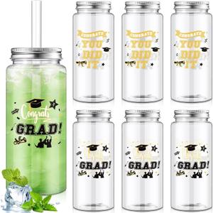 Skylety 24 Pcs Graduation Plastic Cups with Lid and Straws 13. 5 oz Class of 2025 Clear Plastic Tumblers Reusable Coffee Tea Hot Cocoa Beverage Tumbler for Congrats Grad Favors Supplies(Gold)
