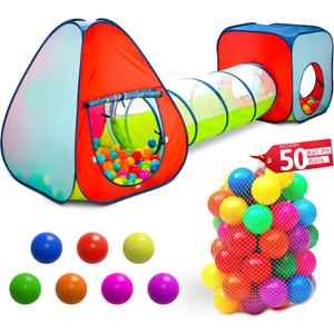 Kids Play Tent with 50 Balls 3-Piece Tunnel & Ball Pit Combo Indoor/Outdoor Pop-Up Set with Mesh Panels & Carry Bag, 39 inches x 39 inches x 38.99 inches