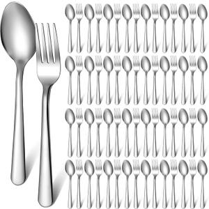 BBTO 100 Pcs Forks and Spoons Silverware Set Bulk Stainless Steel Flatware Cutlery Set 6.7'' Kitchen Utensils for Home Restaurant 50 Dinner Fork, 50 Teaspoon, Mirror Polished, Dishwasher Safe