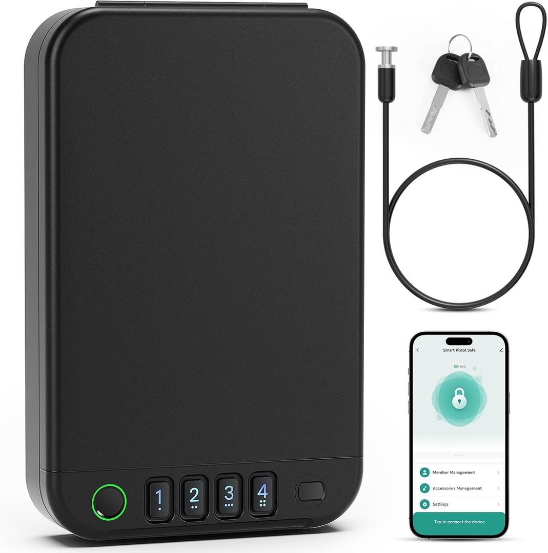XGUNXBOX  Biometric safes for handgun, Portable Car Pistol Safe Pistol with Keys Keypad and APP Control Hand Lock Box, small safe for Home Bedside Car Wild camping