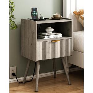 Nightstand with Outlet,Modern Bedside Table with Storage Drawer and Open Wood Shelf, for Living Room, Bedroom and Small Spaces, Accent Night Stand with Solid Wood Legs, Easy Assembly,Grey Oak